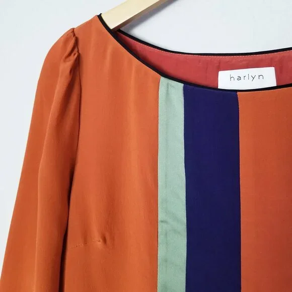 HARLYN Anthropologie 100% Silk Mini Shift Dress Orange Rust Colorblock Geometric - Picture 8 of 15